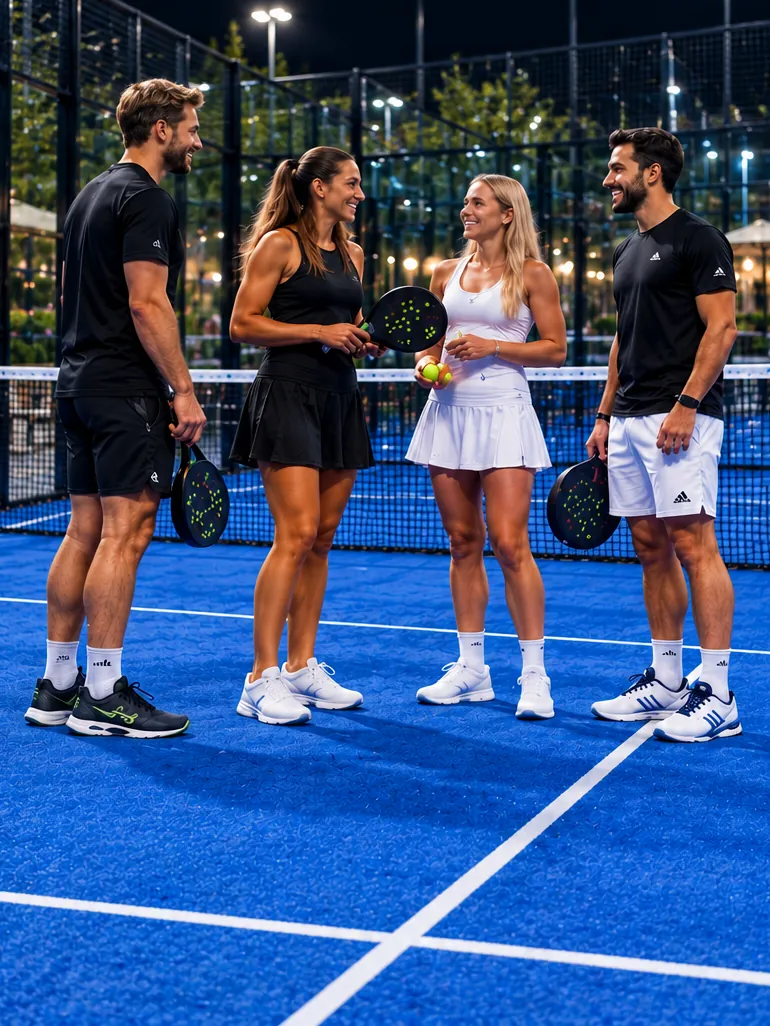 Cuatro profesionales conversando y sonriendo en una cancha de pádel de noche
